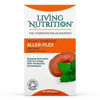 Living Nutrition Aller-Plex box with Reishi, nettle, turmeric. Organic certification logo visible.