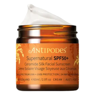 Antipodes Supernatural SPF50+ Ceramide Silk Facial Sunscreen, 60ml jar.