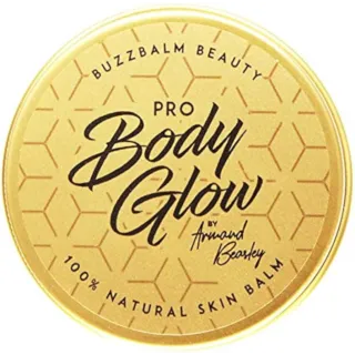 Gold tin of Buzzbalm Beauty Pro Body Glow, 100% natural skin balm.