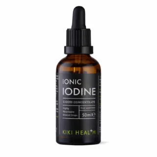 Brown bottle of Kiki Health Ionic Iodine Liquid Concentrate, 50ml, with dropper lid.