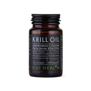 Krill Oil bottle, 30 licaps, 590mg, high in Omega 3, choline, EPA/DHA, by Kiki Health.