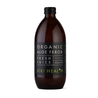 Brown bottle of Kiki Health Organic Aloe Ferox Fresh Juice, 500ml.