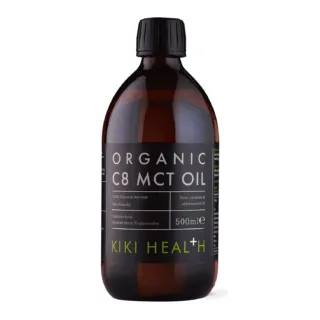 Brown bottle of Kiki Health Organic C8 MCT Oil, 500ml, coconut-derived.