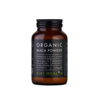 Brown jar of Kiki Health Organic Maca Powder, 100g, with vitamin and ingredient details.
