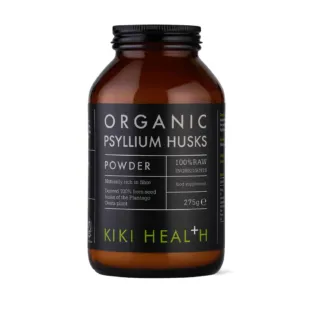 Organic psyllium husks powder, 275g, Kiki Health, brown jar with black label.