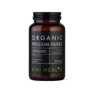 Brown bottle of Kiki Health Organic Psyllium Husks, 120 vegetarian capsules, 850mg.