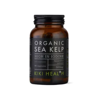 Brown bottle of Kiki Health Organic Sea Kelp, 90 capsules, high in iodine, 500mg.