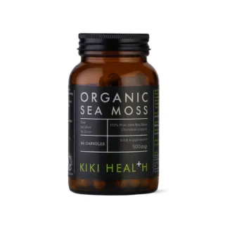 Brown bottle of Kiki Health Organic Sea Moss capsules, 500mg, 90 count.