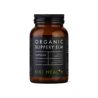 Brown bottle of Kiki Health Organic Slippery Elm capsules, 60 vegetarian capsules, 370mg.