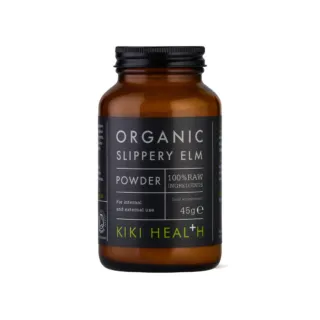 Brown jar of Kiki Health Organic Slippery Elm Powder, 45g, for internal and external use.