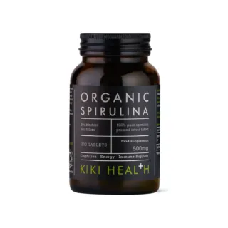 Kiki Health Organic Spirulina, 200 tablets, 500mg, brown bottle with black label.