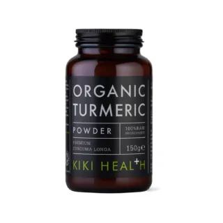 Brown jar of Kiki Health Organic Turmeric Powder, 150g, with black label.