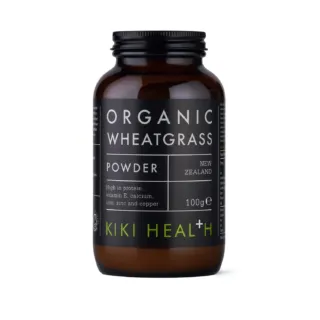 Brown jar of Kiki Health Organic Wheatgrass Powder, 100g, from New Zealand.