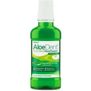 Green bottle of AloeDent Aloe Vera Mouthwash, fluoride-free, with aloe vera and tea tree.