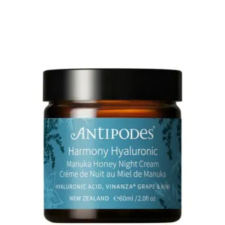 Antipodes Harmony Hyaluronic Manuka Honey Night Cream, 60ml jar, blue label.