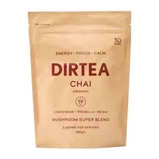 DIRTEA Chai Mushroom Super Blend, 180g, organic, 30 servings, energy, focus, calm.