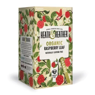 Heath & Heather Organic Raspberry Leaf tea box with raspberry and leaf design. 20 envelope bags.