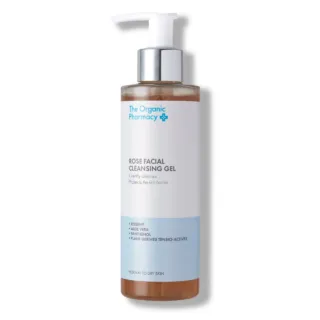 The Organic Pharmacy Rose Facial Cleansing Gel bottle with pump dispenser.