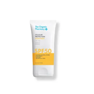 The Organic Pharmacy SPF 50 sunscreen tube, suitable for all skin types.