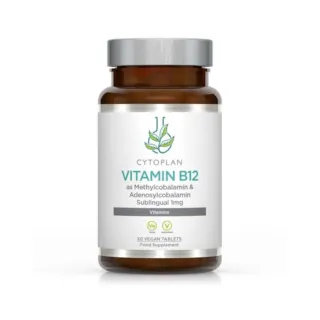 Brown bottle of Cytoplan Vitamin B12, 60 vegan tablets, sublingual 1mg.