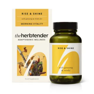 The Herbtender Rise & Shine supplement with ginseng and reishi for morning vitality.