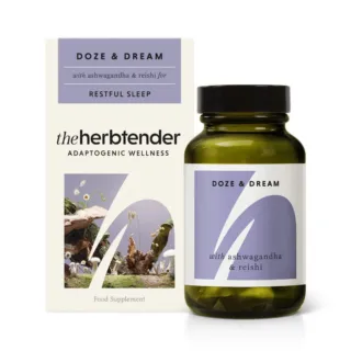 Doze & Dream supplement with ashwagandha and reishi for restful sleep. Green bottle and box.