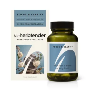 Herbtender Focus & Clarity supplement with lion's mane and holy basil. Green bottle and box.