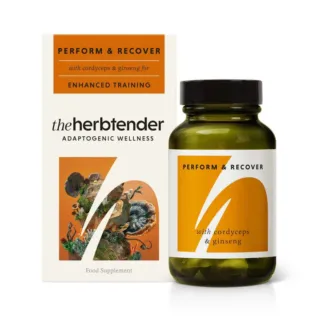 Herbtender Perform & Recover supplement with cordyceps and ginseng, box and bottle shown.