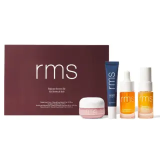RMS Skincare Secrets Kit with four products in front of a maroon box.