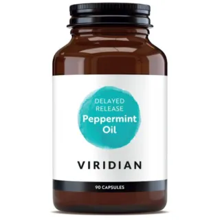 Brown bottle labelled "Delayed Release Peppermint Oil" by Viridian, 90 capsules.