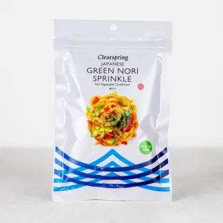 Clearspring Japanese Green Nori Sprinkle, 20g, high in fibre, in white packaging with blue design.