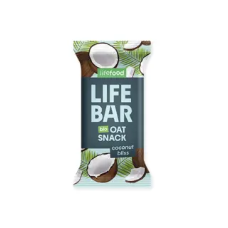 Lifefood Life Bar, bio oat snack, coconut bliss flavour, with coconut imagery on packaging.