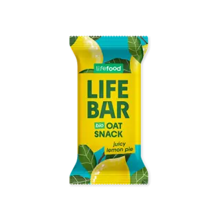 Yellow and green Life Bar oat snack wrapper with lemon and leaf design.