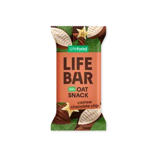 Lifefood Life Bar, bio oat snack, cashew chocolate chip flavour, in green and brown packaging.