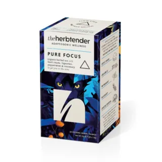 The Herbtender Pure Focus tea box with herbal ingredients listed.
