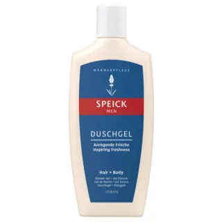 Speick Men shower gel bottle, vegan, for hair and body, labelled "Inspiring freshness".