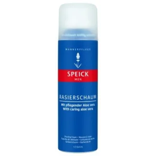 Speick Men shaving foam with aloe vera, blue and red can, vegan formula.