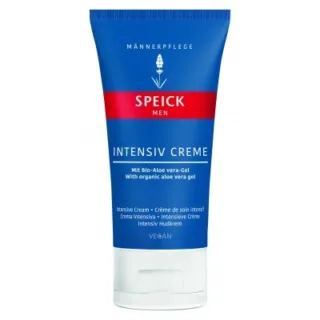 Blue tube of Speick Men Intensiv Creme with aloe vera gel, vegan formula.