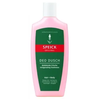 Speick Original Deo Dusch shower gel bottle, pink with green and red label.