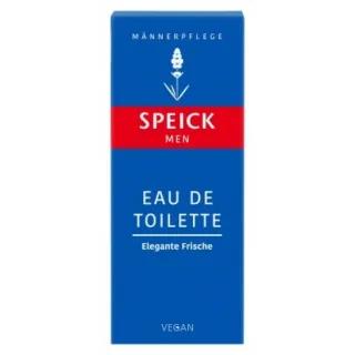 Speick Men Eau de Toilette box, blue with red band, labelled "Elegante Frische", vegan.