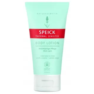 Speick Thermal Sensitiv Body Lotion tube with vegan and natural certification.