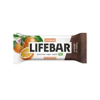 Lifebar orange in choco, gluten-free, vegan, organic. Packaging with orange and flower design.