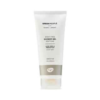 Green People scent-free shower gel with aloe vera, prebiotics, 73% organic, for sensitive skin.