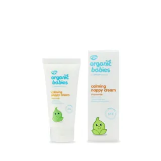 Organic Babies calming nappy cream with chamomile, tube and box, 88% organic ingredients.