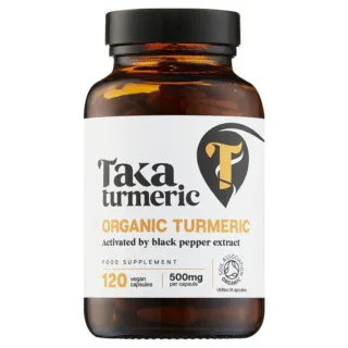 Brown bottle of Taka Turmeric capsules, 120 vegan, 500mg each, organic certification visible.