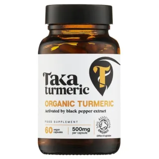 Taka Turmeric organic capsules, 60 vegan, 500mg each, Soil Association certified.