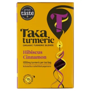 Taka Turmeric Hibiscus Cinnamon tea box, 15 unbleached bags, 1000mg turmeric per bag.