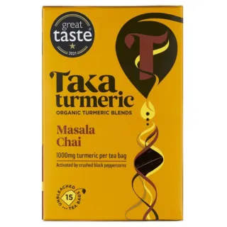 Taka Turmeric Masala Chai tea box, 15 unbleached bags, 1000mg turmeric per bag.