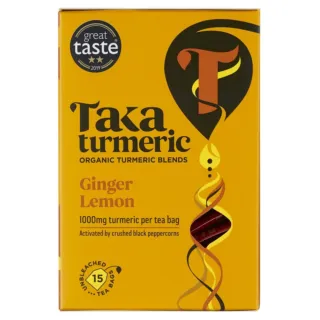 Taka Turmeric Ginger Lemon tea box, 15 unbleached bags, 1000mg turmeric per bag.