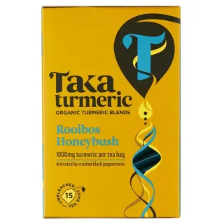 Taka Turmeric Rooibos Honeybush tea box, 15 unbleached bags, 1000mg turmeric per bag.
